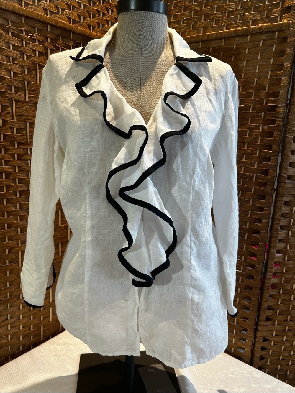 Talbots Linen Ruffle Blouse Black Trim Button Front Classic Chic